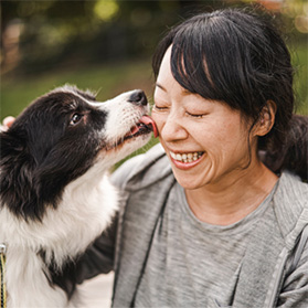 A woman playing with her dog outside.
